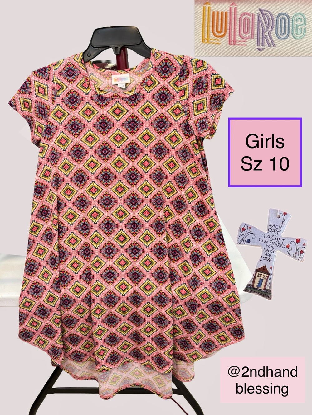 LuLaRoe Girls Scarlett Dress, Sz 10, Geo Diamond Print - Pink, Blue, Yellow
